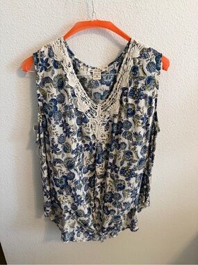 Blue Floral Crochet-Trim Sleeveless Camisole
